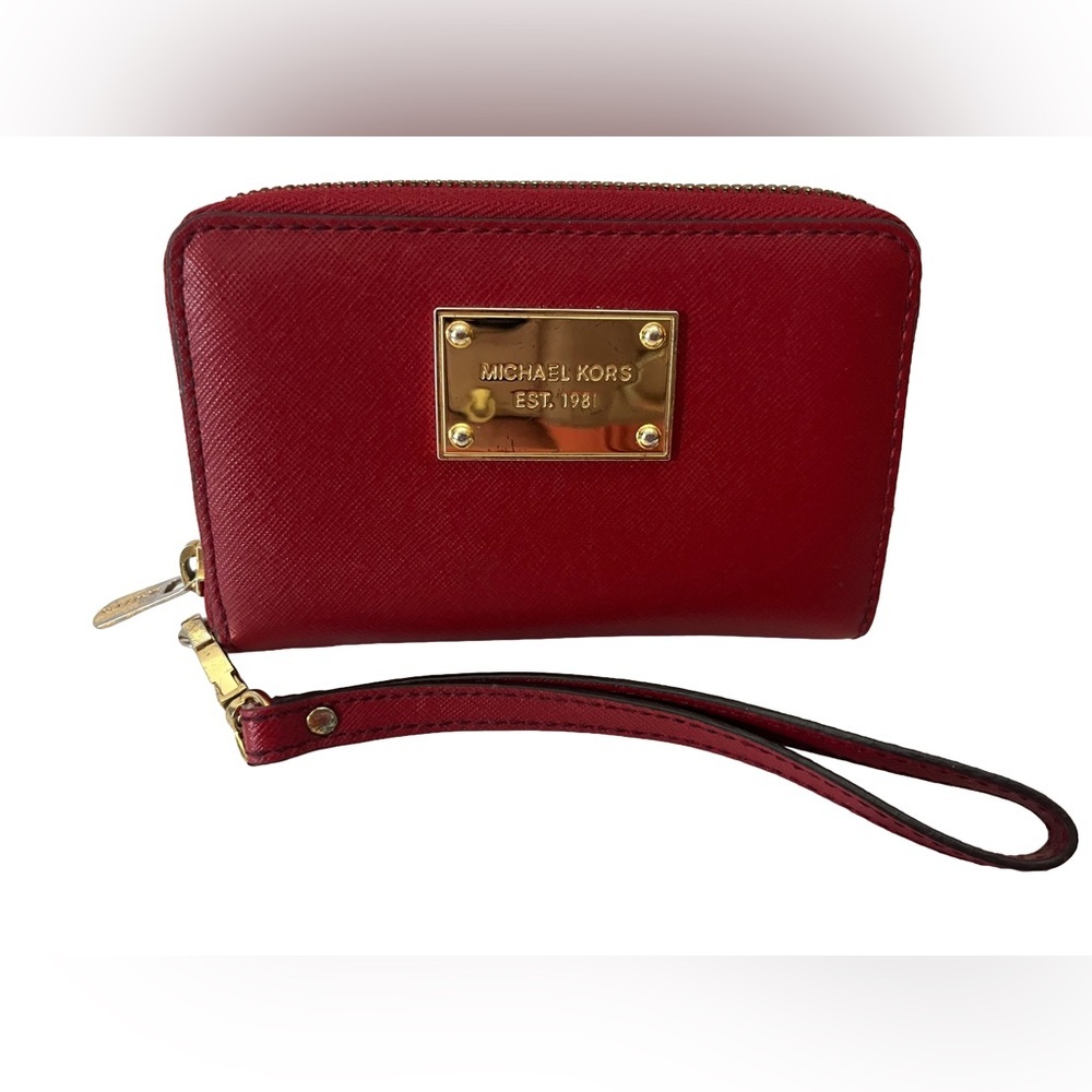 Michael Kors Red Crossgrain Leather Wristlet Zip Around Credit Card Wallet